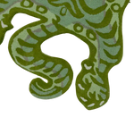 Close-up view of a Green Tibetan Tiger Accent Wool Rug featuring an abstract tiger pattern. This vintage rug, crafted from high-quality wool, is perfect for adding a unique touch to a dining room. Ideal as a dining room area rug or a formal dining room rug.