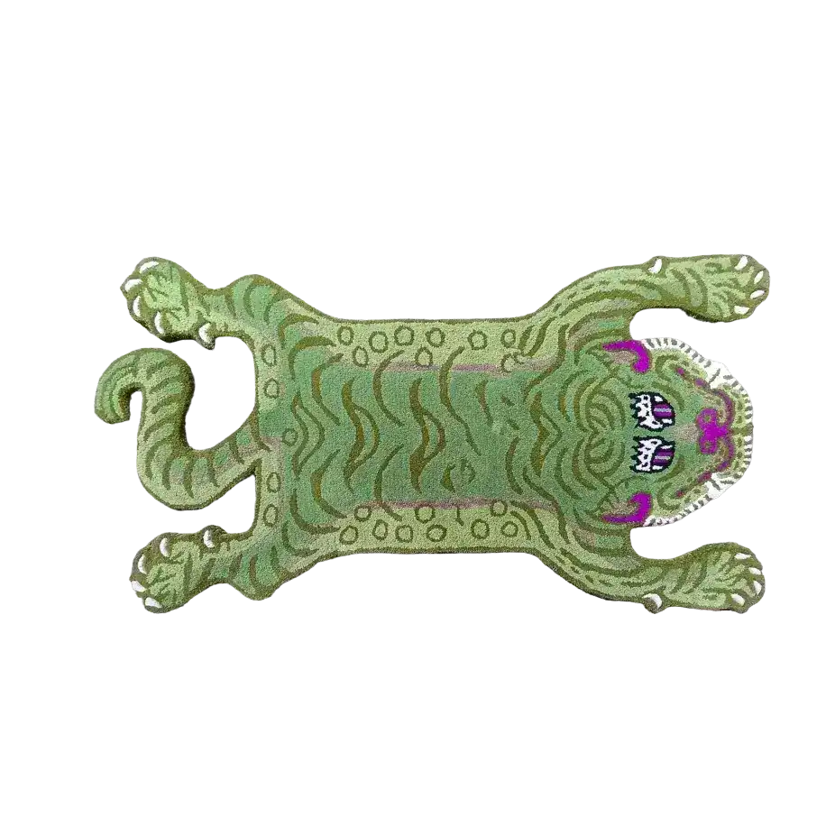A vibrant Green Tibetan Tiger Accent Wool Rug featuring an abstract tiger design, perfect for adding an exotic touch to any dining room. This vintage rug is crafted from high-quality wool, ideal for those seeking unique dining room area rugs or formal dining room rugs.