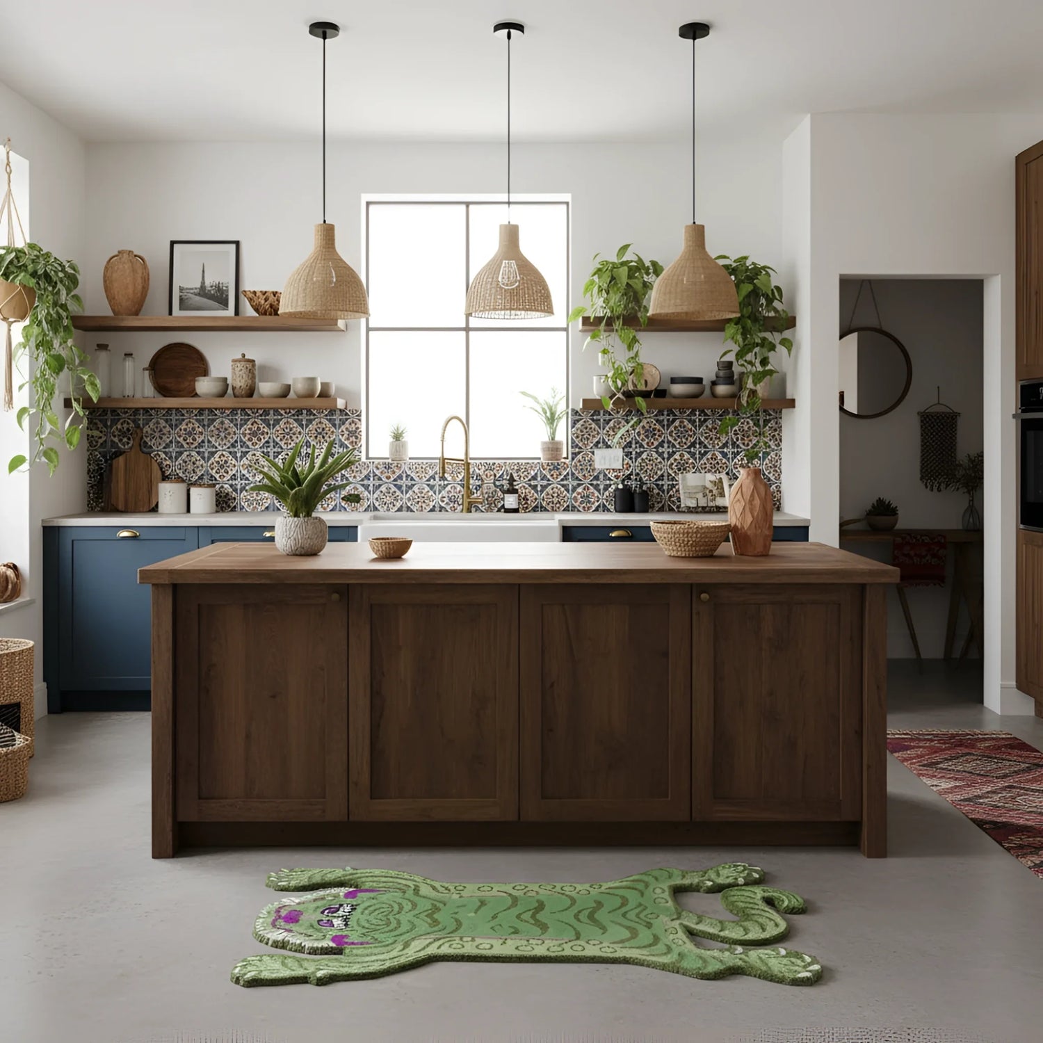 Green Tibetan Tiger Accent Wool Rug - Mini