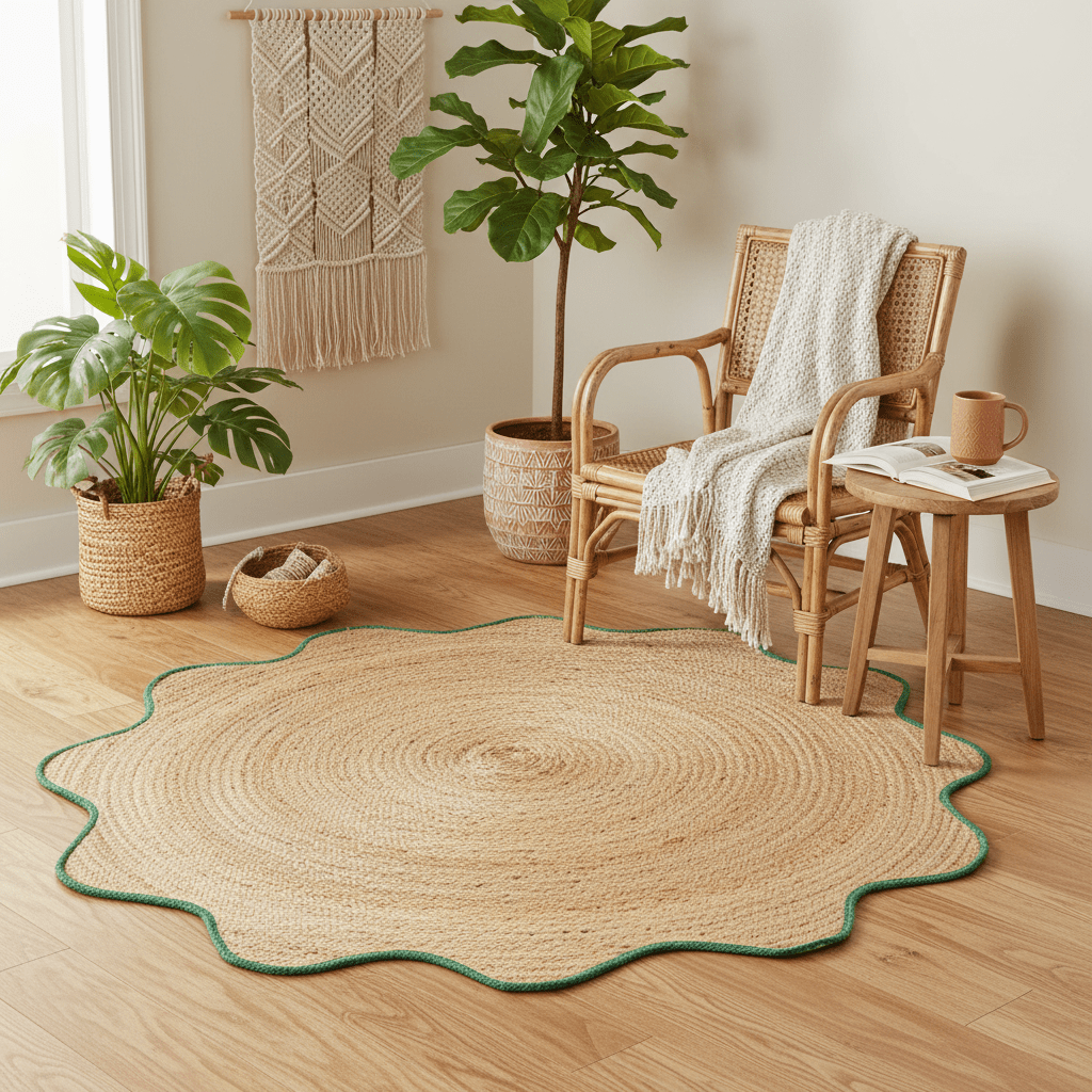 Green Trim Natural Round Jute Rug