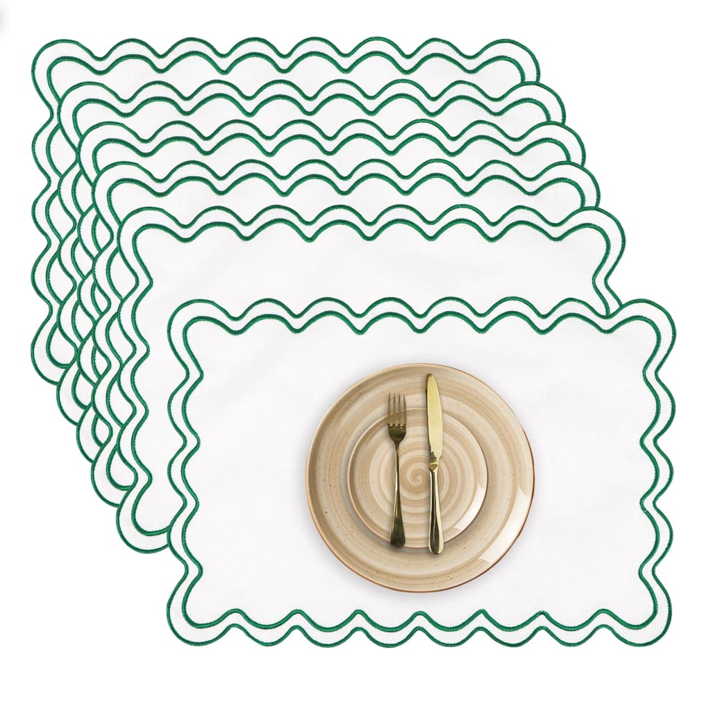 Green Wavy Embroidered Scalloped Placemats
