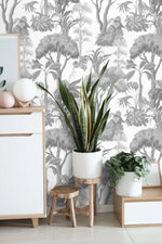 Grey Forest Serenity Wallpaper backdrop with potted snake plant and wood stool