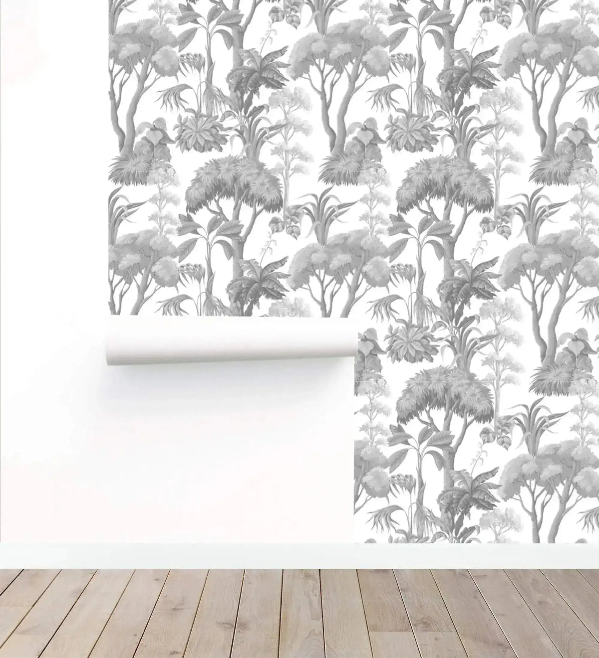 Grey Forest Serenity Wallpaper partly hung beside a white roll on a wood floor
