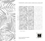 Grey Tropical Foliage Wallpaper spec sheet showing fern pattern detail and panel sizing