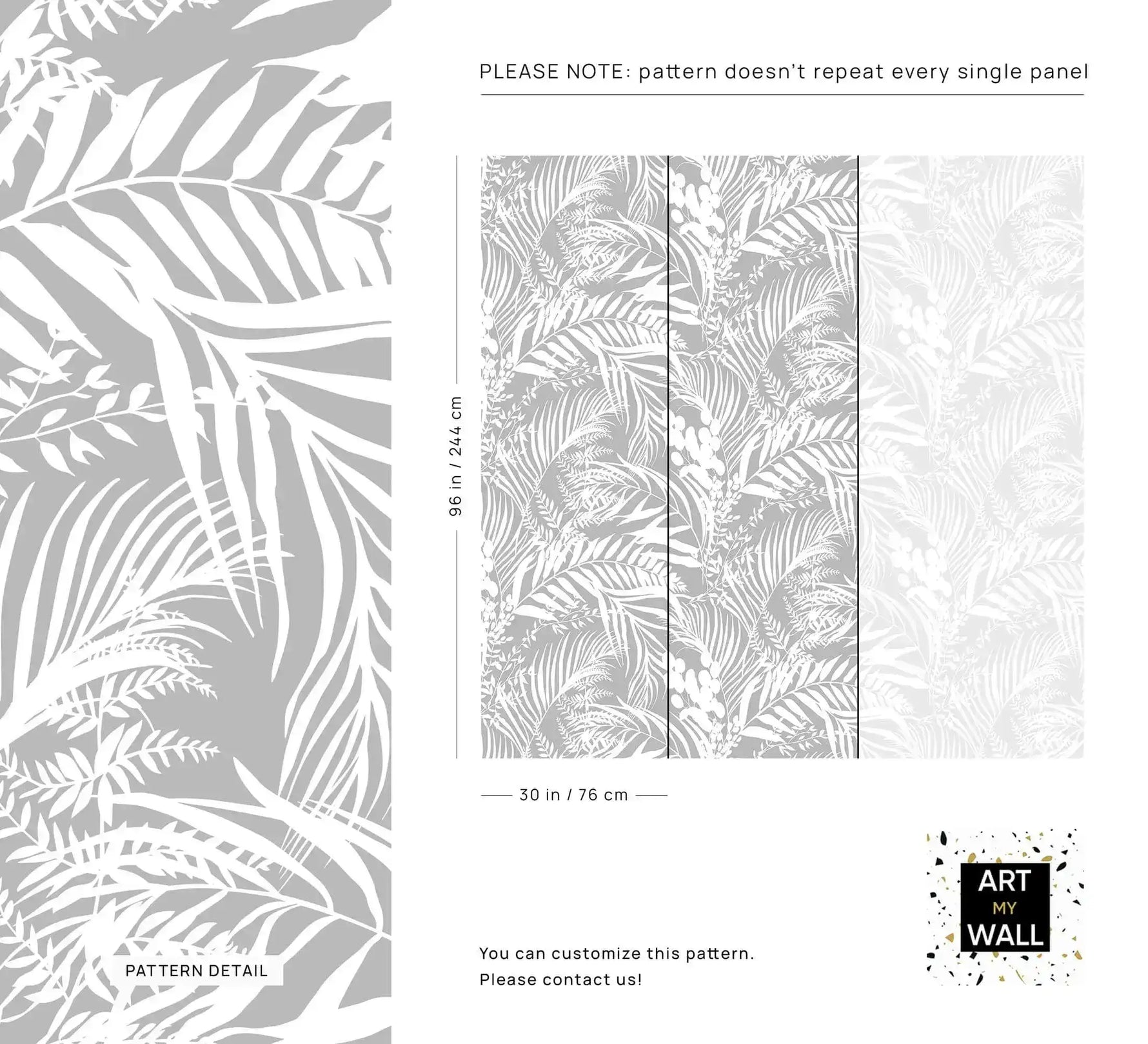 Grey Tropical Foliage Wallpaper spec sheet showing fern pattern detail and panel sizing