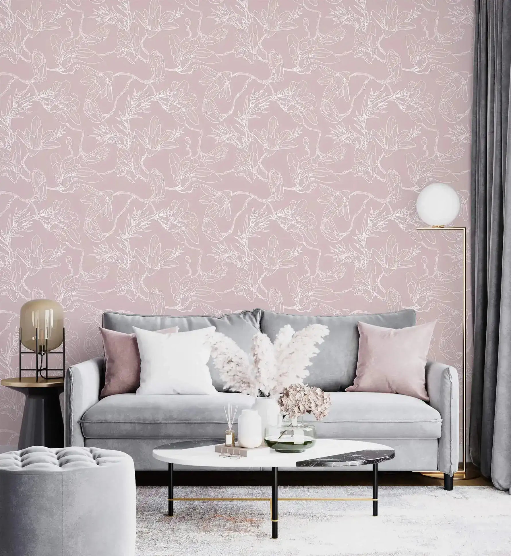 Grey velvet sofa and marble table against pink floral sketch wallpaper, line-drawn blooms