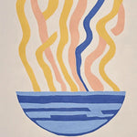 A contemporary area rug featuring an abstract design in pastel colors. The hand-tufted wool rug displays wavy stripes in yellow, pink, and blue emerging from a half-circle shape, ideal for adding a modern touch to living room area rugs.