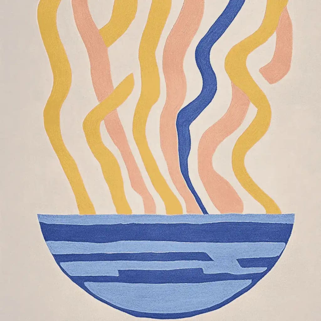 A contemporary area rug featuring an abstract design in pastel colors. The hand-tufted wool rug displays wavy stripes in yellow, pink, and blue emerging from a half-circle shape, ideal for adding a modern touch to living room area rugs.