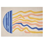 A contemporary area rug featuring a unique abstract design with a half-circle of blue on the left and flowing waves of yellow, pink, and blue extending across the wool surface. Ideal for adding a modern touch to living room spaces.