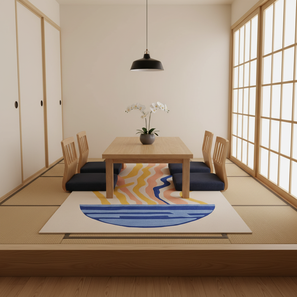 Japanese-style room with tatami mats, wooden table, and colorful rug.