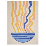 A vibrant and contemporary hand-tufted wool area rug featuring abstract wavy patterns in blue, yellow, and peach, complemented by a bold blue circular design at the bottom. Perfect for adding a modern touch to living room area rugs.