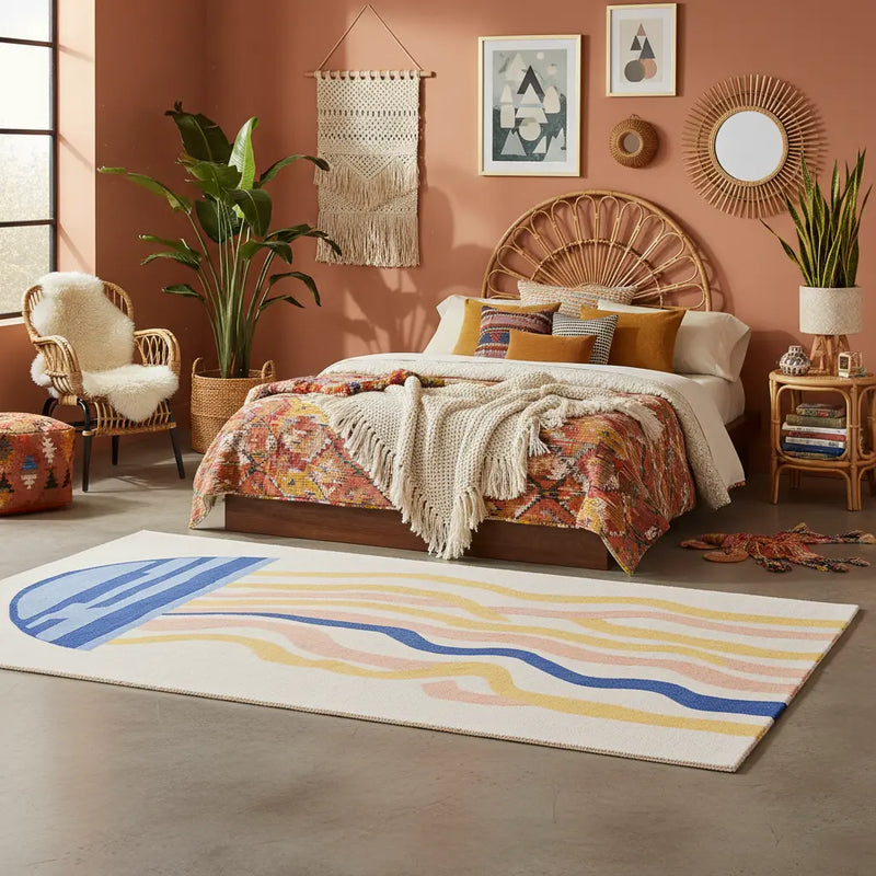 Cozy boho bedroom with a bed, colorful rug, and decorative elements.