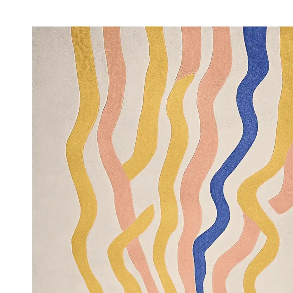 A vibrant area rug featuring abstract wavy lines in shades of yellow, pink, and blue on a neutral background. This wool rug adds a contemporary touch to any living room area, combining style and comfort.