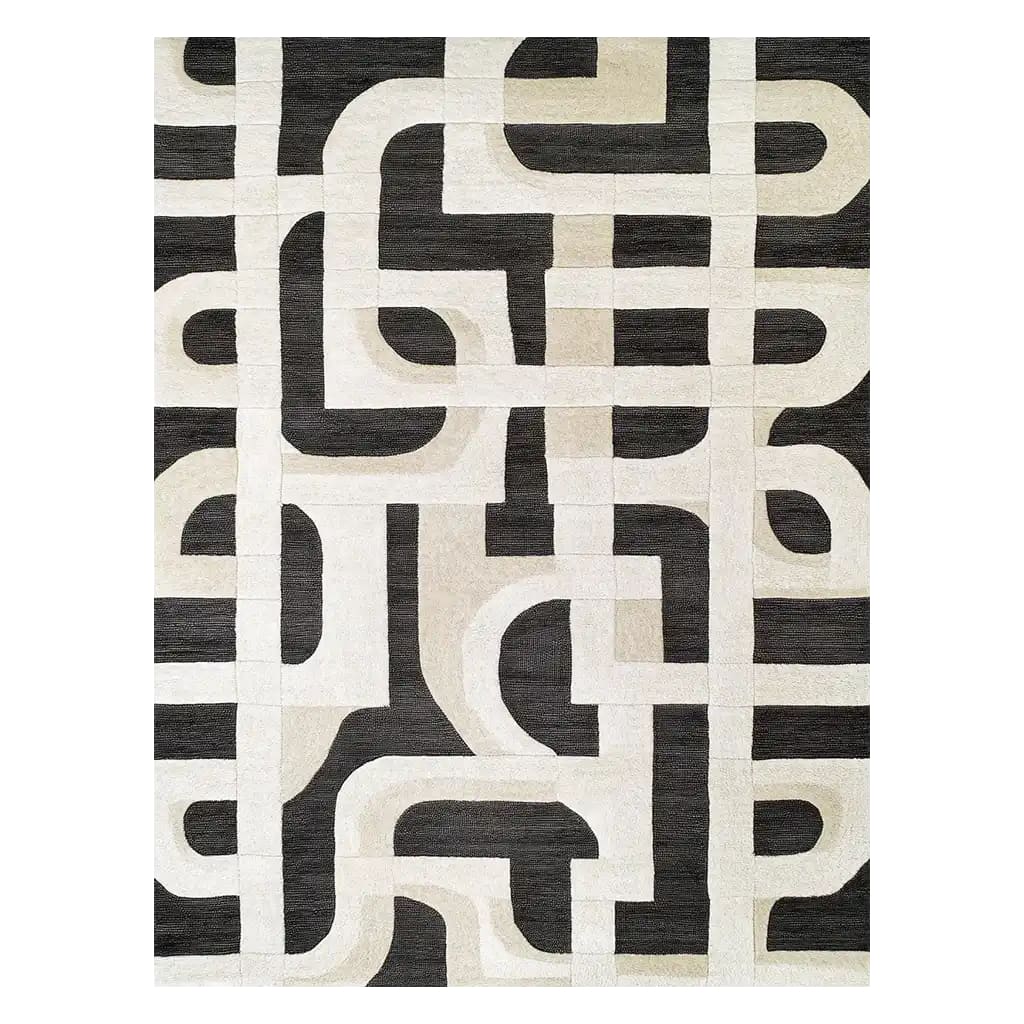 A stylish area rug showcasing a contemporary geometric pattern in neutral tones, perfect for adding a modern touch to a living room. This hand-tufted wool rug offers a sophisticated design with its interlocking shapes, making it an ideal choice for large living room spaces seeking an elegant area rug.