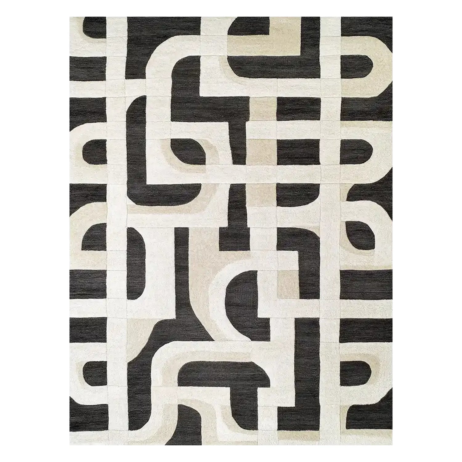 A stylish area rug showcasing a contemporary geometric pattern in neutral tones, perfect for adding a modern touch to a living room. This hand-tufted wool rug offers a sophisticated design with its interlocking shapes, making it an ideal choice for large living room spaces seeking an elegant area rug.