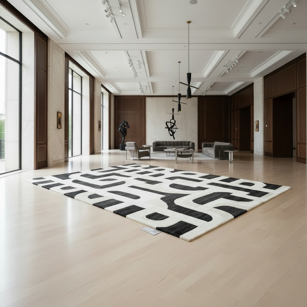 Modern room with a black and white patterned rug on wooden flooring.