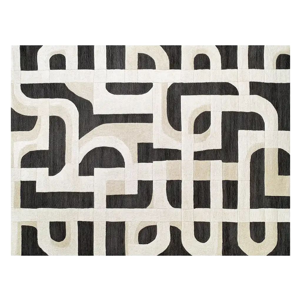 Top view of the Grid of Gentle Petals Hand Tufted Wool Rug showcasing its intricate black and beige geometric patterns. This contemporary area rug is perfect for large living rooms, adding a touch of elegance and warmth with its high-quality wool material.