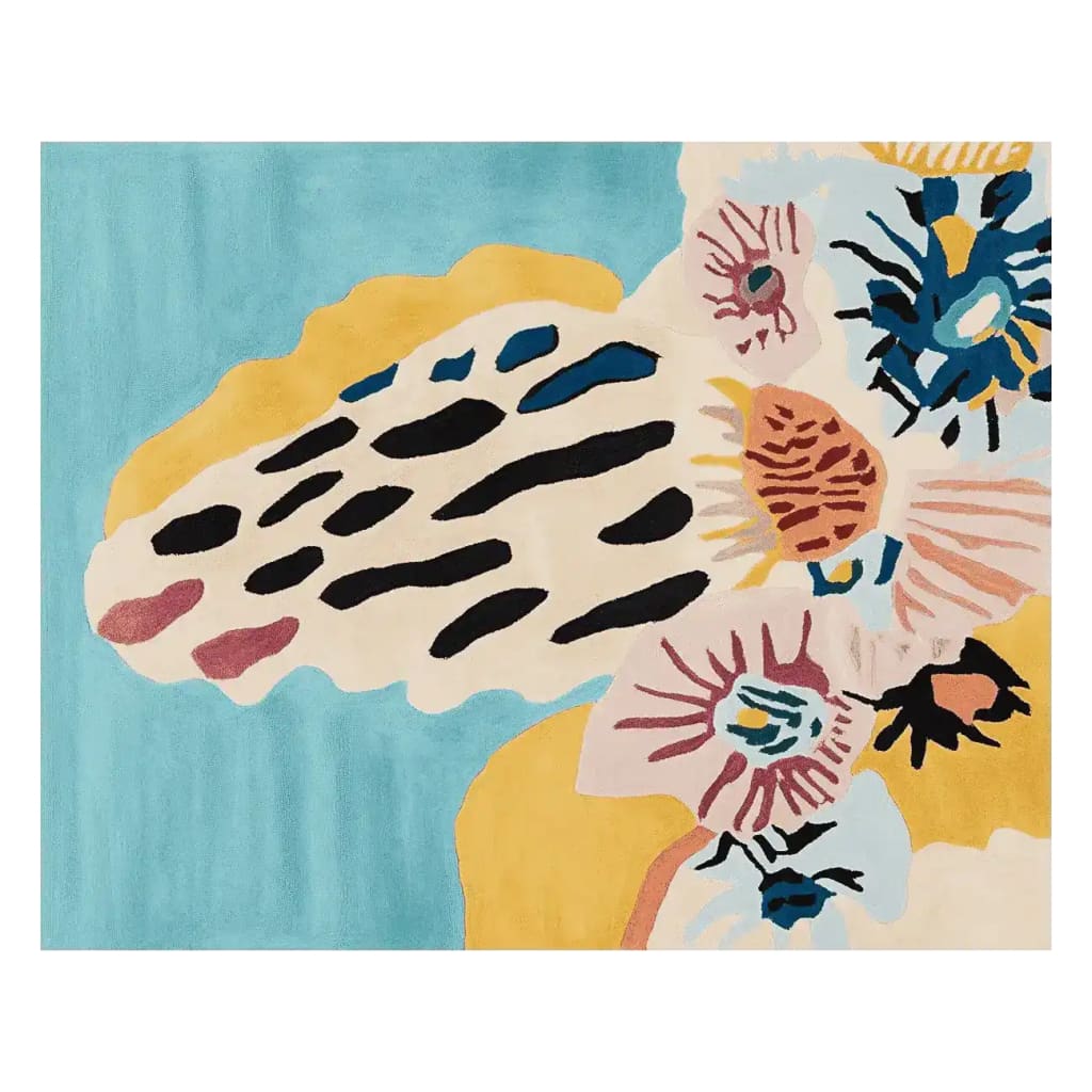 A vibrant Groovy Garden Forms Hand Tufted Rug featuring an abstract design with bold floral and leopard-like patterns in blue, yellow, and pink hues. This contemporary wool area rug is perfect for adding a splash of color and style to a living room, especially in an 8x10 size.