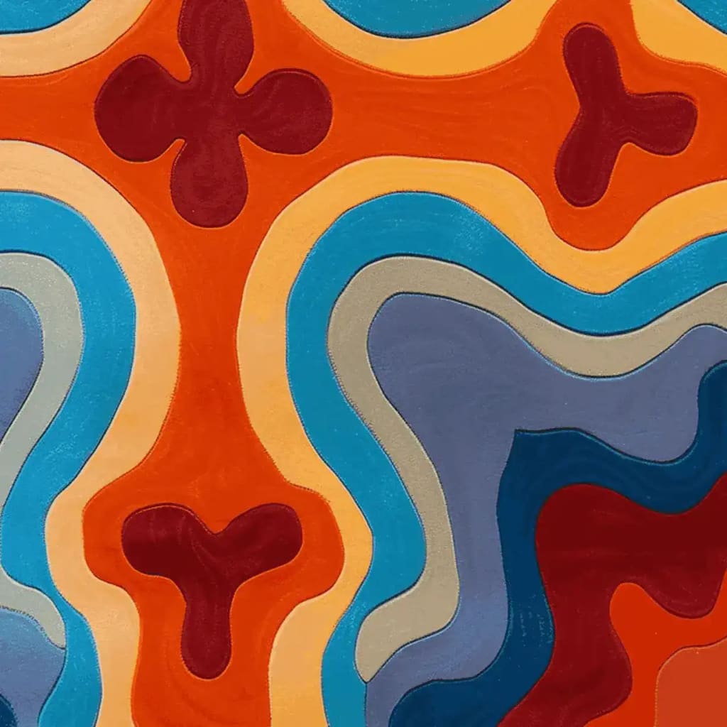 Vibrant Groovy Heat Map Hand Tufted area rug showcasing an abstract design with bold swirls of orange, blue, and red. This wool rug is perfect for adding a contemporary touch to any living room, making it an ideal choice among area rugs for living room decor.