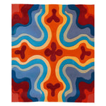 Groovy Heat Map Hand Tufted Area Rug featuring a vibrant abstract design with flowing patterns in orange, blue, and red. This wool rug is a perfect contemporary addition to area rugs for living rooms, offering a unique and colorful touch to any space.