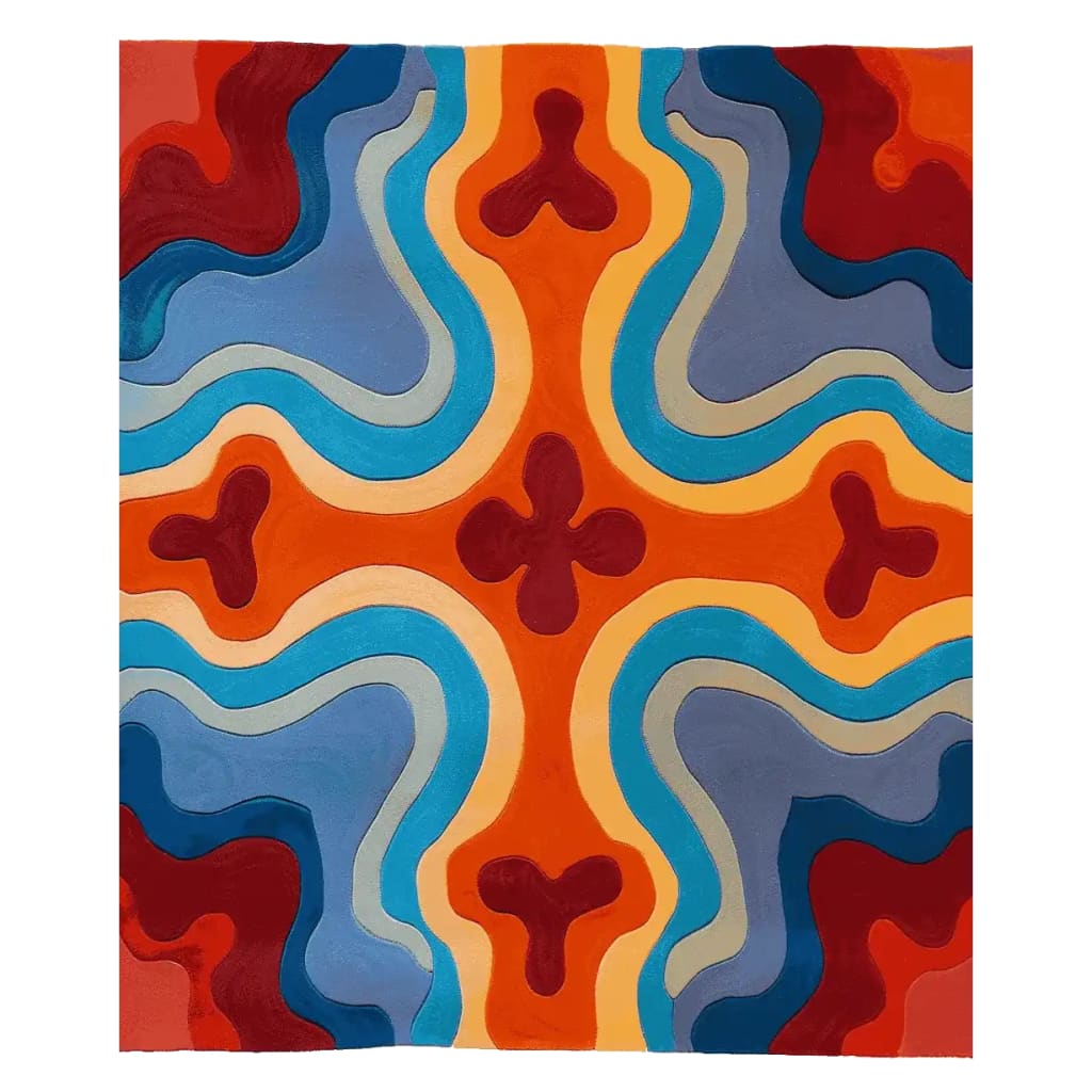 Groovy Heat Map Hand Tufted Area Rug featuring a vibrant abstract design with flowing patterns in orange, blue, and red. This wool rug is a perfect contemporary addition to area rugs for living rooms, offering a unique and colorful touch to any space.