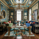 Luxurious living room with ornate ceiling, colorful furniture, a designer wool rug, and decorative elements.