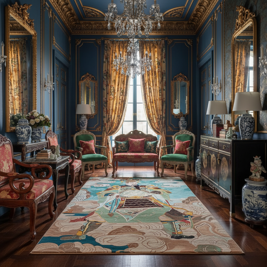Opulent living room with ornate decor, including a chandelier, mirrors, and a large  asian art wool rug.