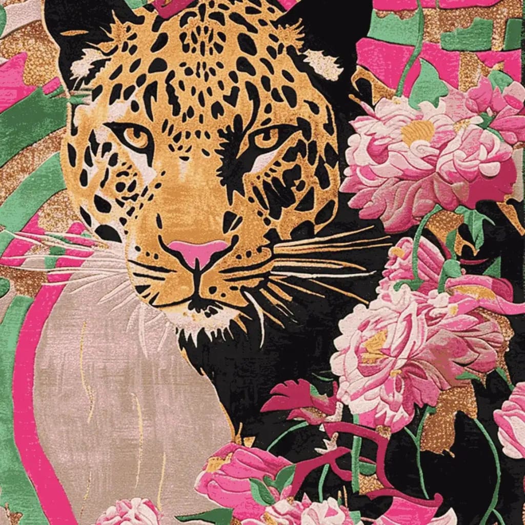 A striking wool area rug featuring an abstract tiger amidst vibrant pink floral patterns, perfect as a square area rug for living rooms. This hand-tufted floral rug blends bold colors and intricate designs, making it an elegant centerpiece in any home setting.