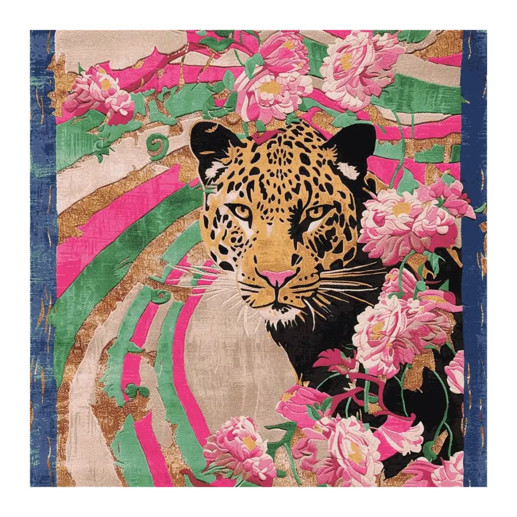 Vibrant area rug featuring a detailed design of a leopard surrounded by lush pink floral patterns. This hand-tufted wool rug is perfect for adding a touch of nature-inspired elegance to your living room. Ideal as a square area rug, this piece combines elements of a floral rug with bold colors, making it a standout choice for area rugs for living room settings.