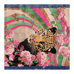 Vibrant square area rug featuring a hand-tufted design with a striking abstract tiger surrounded by lush pink floral patterns. Perfect for adding a pop of color and elegance to rugs for living room settings. Made from high-quality wool, this floral rug offers both durability and style, making it an ideal choice for area rugs for living room spaces.