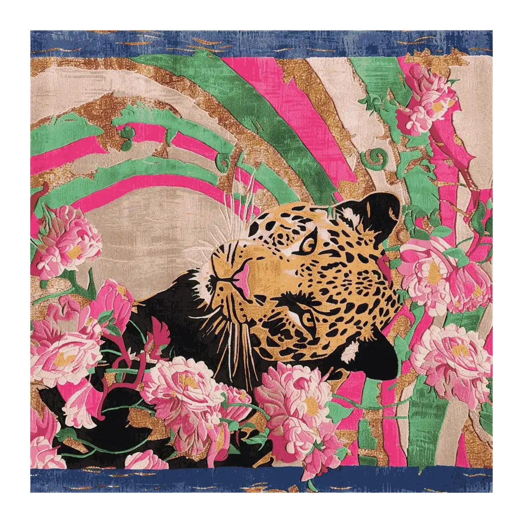 Vibrant square area rug featuring a hand-tufted design with a striking abstract tiger surrounded by lush pink floral patterns. Perfect for adding a pop of color and elegance to rugs for living room settings. Made from high-quality wool, this floral rug offers both durability and style, making it an ideal choice for area rugs for living room spaces.
