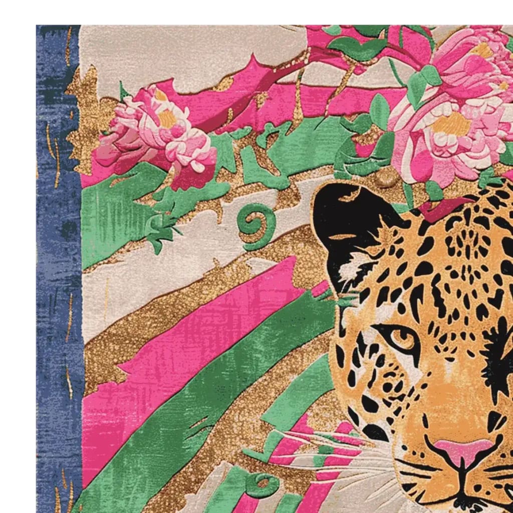 A vibrant square area rug featuring a striking abstract design of a tiger and floral elements, crafted in rich colors like pink, green, and gold. This wool rug offers a luxurious touch, perfect for adding a pop of color to your living room. Ideal for those seeking unique area rugs for living room spaces.