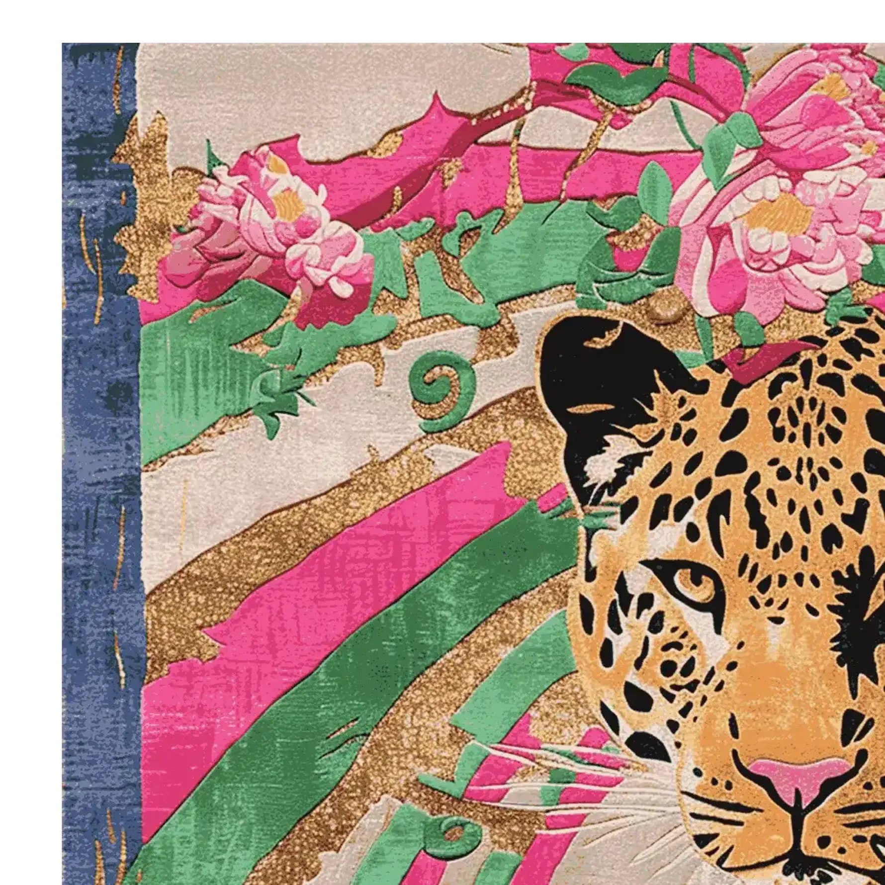 A vibrant square area rug featuring a striking abstract design of a tiger and floral elements, crafted in rich colors like pink, green, and gold. This wool rug offers a luxurious touch, perfect for adding a pop of color to your living room. Ideal for those seeking unique area rugs for living room spaces.