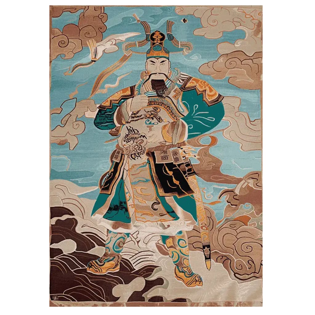 The Guardian of Skies Hand Tufted Area Rug features a vibrant design of a mythical warrior set against a backdrop of swirling clouds and sky. This wool rug adds a bold statement to any large living room, making it an ideal choice for rugs for living room spaces.