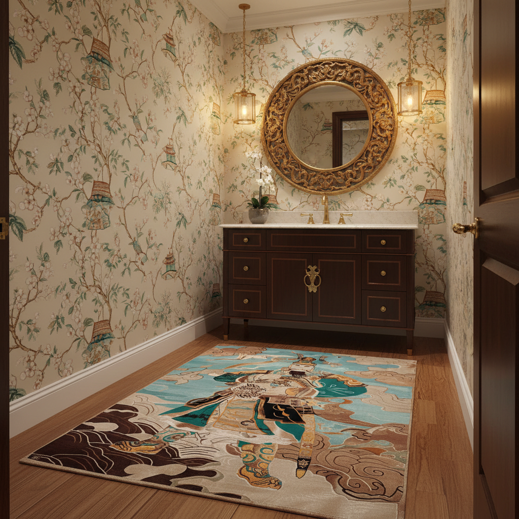 Bathroom with decorative wallpaper, vanity, and rug