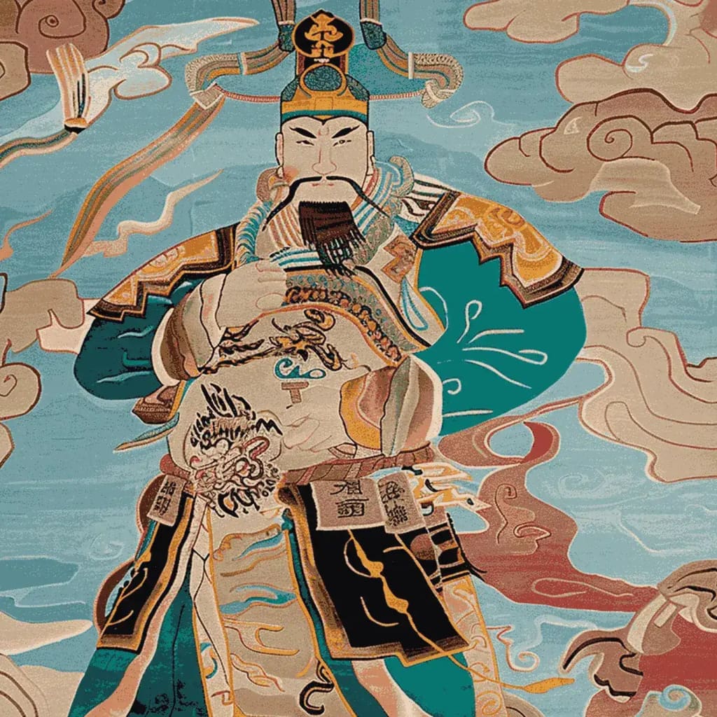 Vibrant area rug featuring an intricate design of an ancient guardian against a backdrop of swirling clouds. This wool rug, perfect for large living room spaces, showcases a rich palette of blues and earth tones, ideal for enhancing the aesthetic of any rugs for living room collection.