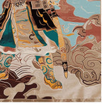 An intricately designed area rug featuring an abstract depiction of a guardian figure amidst swirling cloud motifs. This wool rug showcases vibrant colors and detailed patterns, perfect as a large living room rug. Ideal for adding an artistic touch to rugs for living room settings.