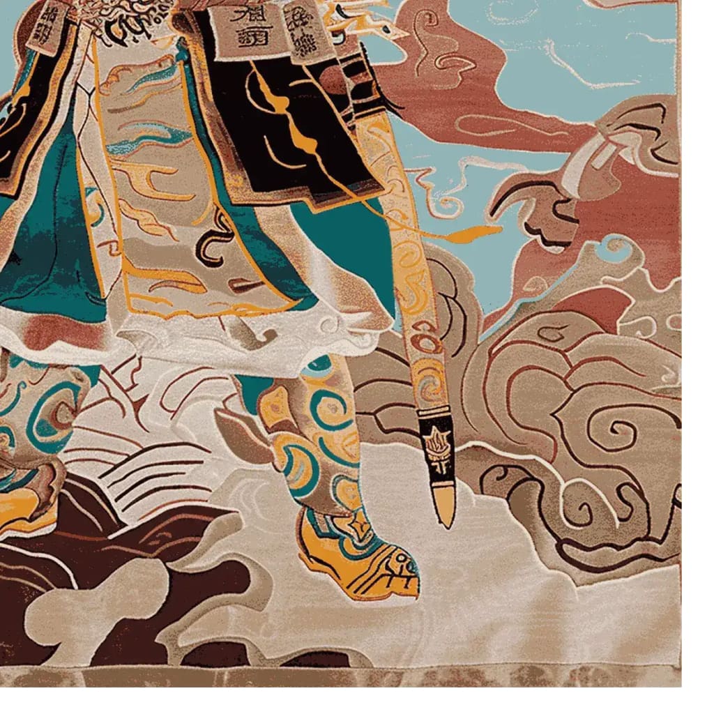 An intricately designed area rug featuring an abstract depiction of a guardian figure amidst swirling cloud motifs. This wool rug showcases vibrant colors and detailed patterns, perfect as a large living room rug. Ideal for adding an artistic touch to rugs for living room settings.