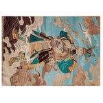 A vibrant hand-tufted area rug featuring an abstract design of a guardian figure amidst swirling clouds. This wool rug is perfect for large living rooms, adding a touch of artistic flair to any space. Ideal for those seeking unique rugs for their living room.