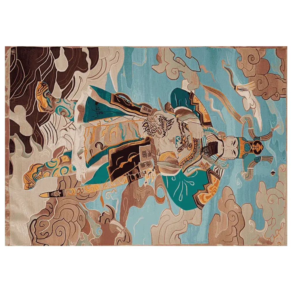 A vibrant hand-tufted area rug featuring an abstract design of a guardian figure amidst swirling clouds. This wool rug is perfect for large living rooms, adding a touch of artistic flair to any space. Ideal for those seeking unique rugs for their living room.