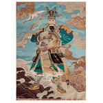 The Guardian of Skies Hand Tufted Area Rug features a vibrant design of a mythical warrior set against a backdrop of swirling clouds and sky. This wool rug adds a bold statement to any large living room, making it an ideal choice for rugs for living room spaces.