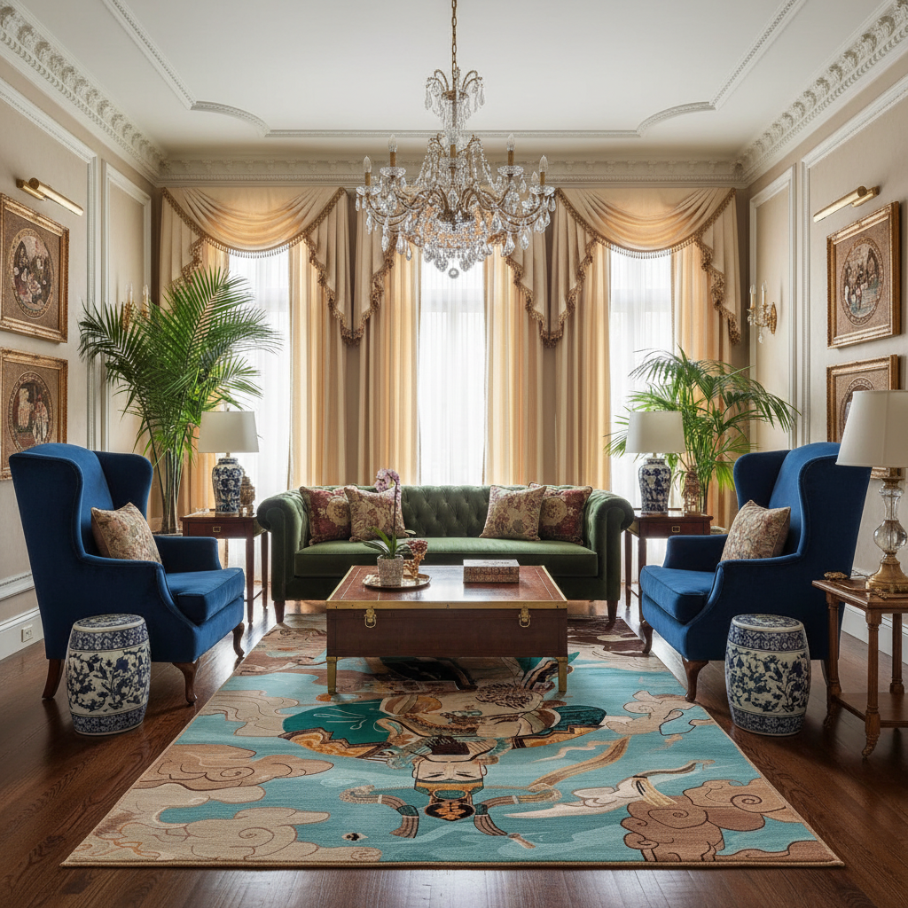 Luxurious living room with blue chairs, green sofa, and decorative rug.