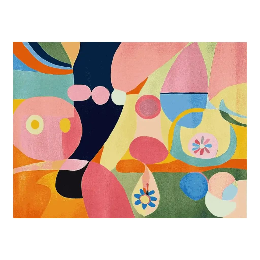 Vibrant and colorful Hallucination Field Hand Tufted Area Rug featuring abstract shapes in pink, blue, orange, and green. This wool rug is perfect for adding a contemporary touch to your living room. Ideal for area rugs in an 8x10 size to enhance any space.