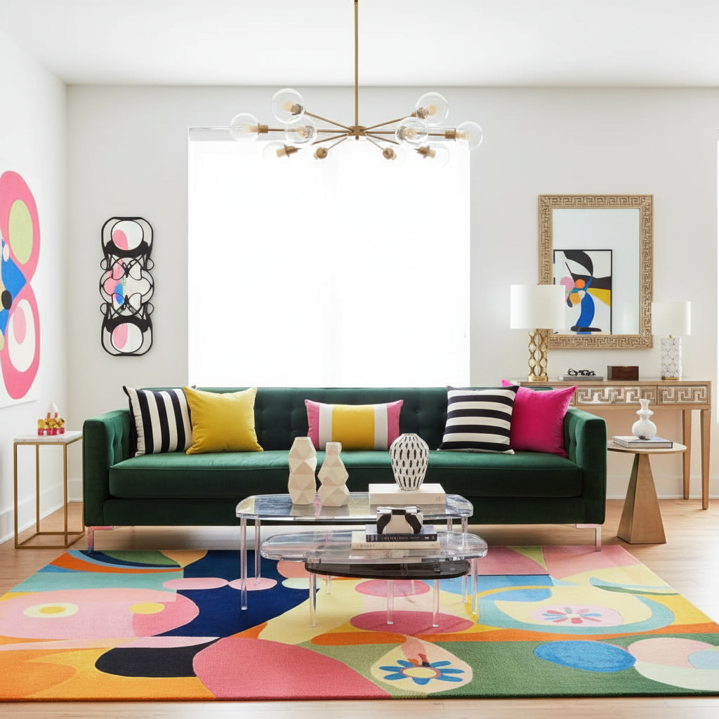 Modern living room with a green sofa, colorful rug, and abstract art.
