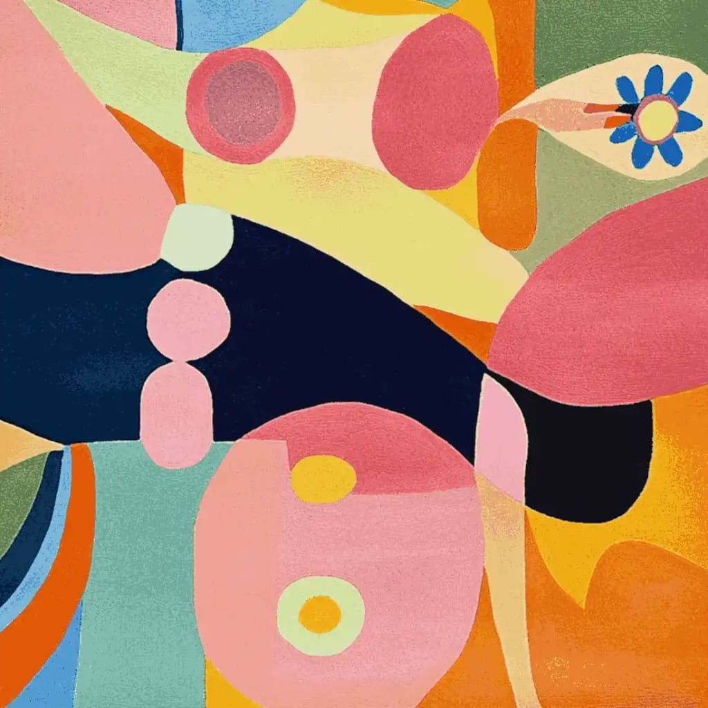 Vibrant area rug with an abstract design featuring bold colors like pink, orange, and blue, perfect for contemporary living rooms. This wool rug showcases a unique artistic pattern, ideal as an 8x10 living room rug.
