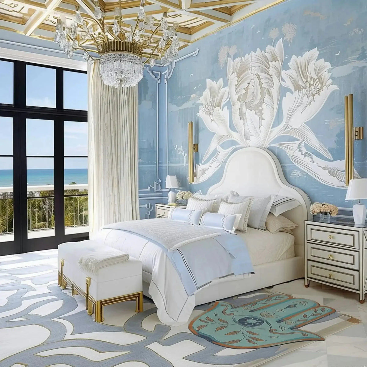 Elegant bedroom featuring a Hamsa Hand Magic Eye wool rug on the floor, adding a touch of artistic flair. This area rug enhances the room's sophisticated decor, making it a stylish choice for dining room carpets and dining room area rugs.