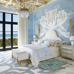 Elegant bedroom featuring a Hamsa Hand Magic Eye wool rug on the floor, adding a touch of artistic flair. This area rug enhances the room's sophisticated decor, making it a stylish choice for dining room carpets and dining room area rugs.