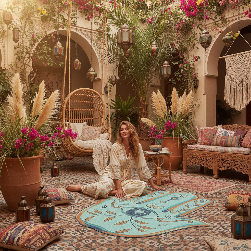 Woman sitting on a colorful rug in a decorative outdoor setting with plants and furniture.