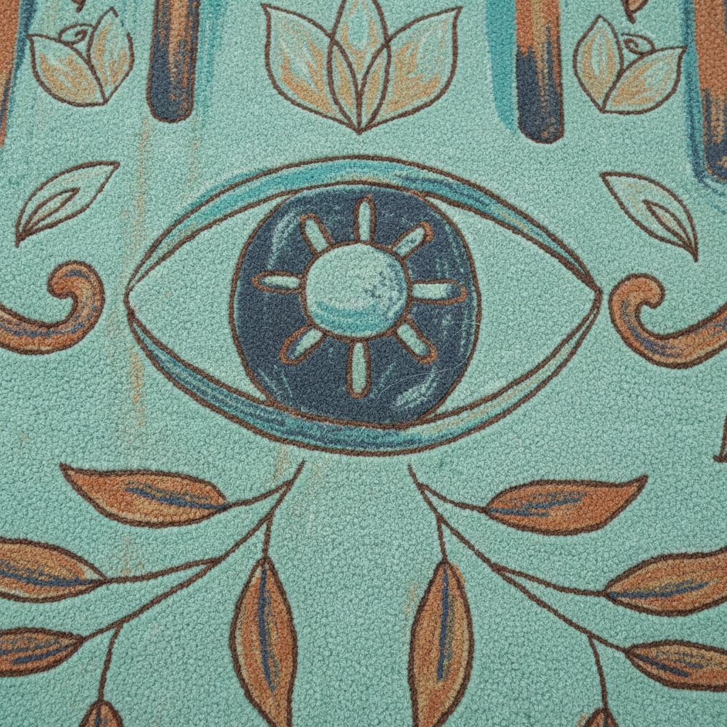 Decorative pattern rug with eye design and leaves on a teal background