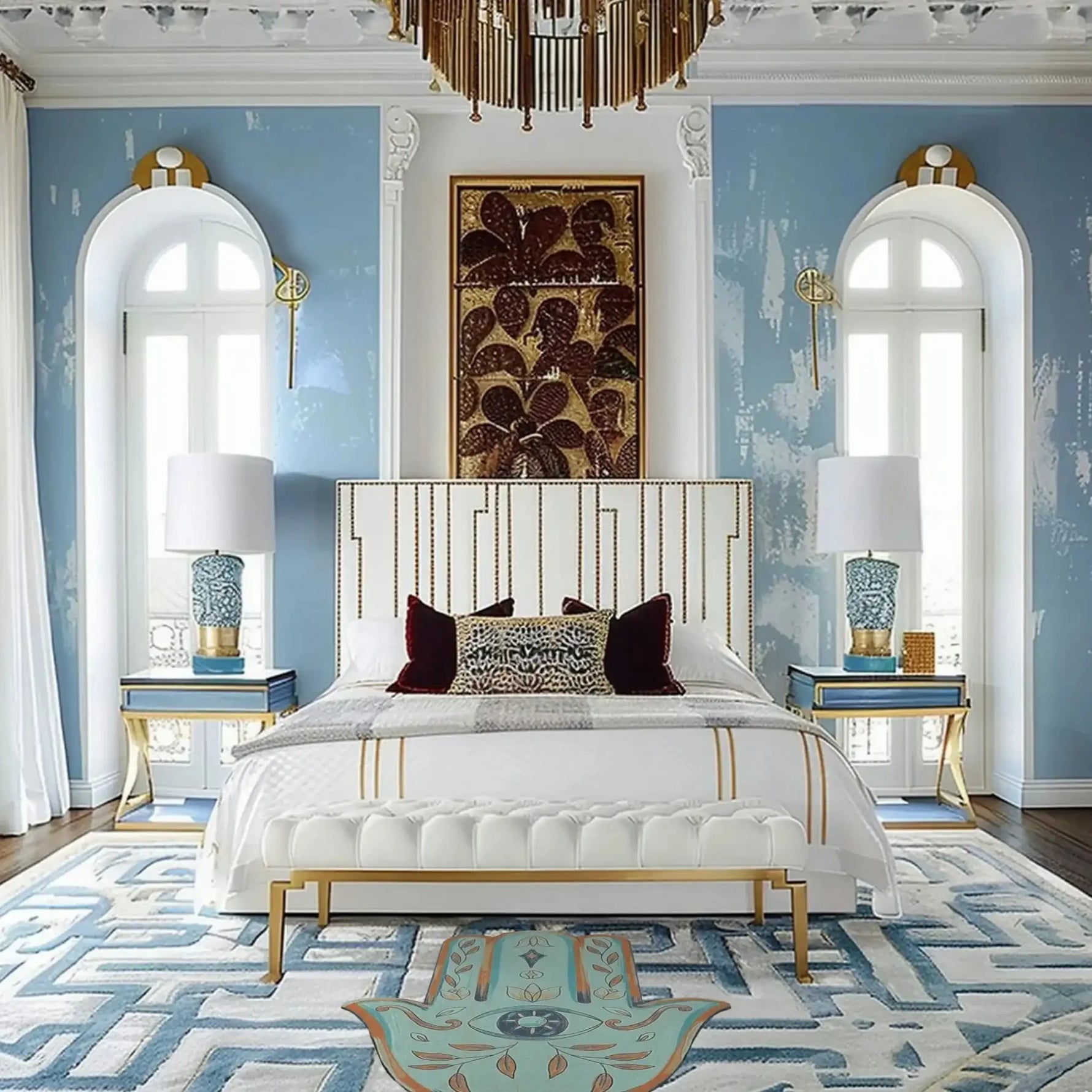 Stylish bedroom featuring a Hamsa Hand Magic Eye wool rug, perfect as an area rug in a dining room setting. The elegant geometric pattern complements the luxurious decor, showcasing its versatility as a dining room carpet.